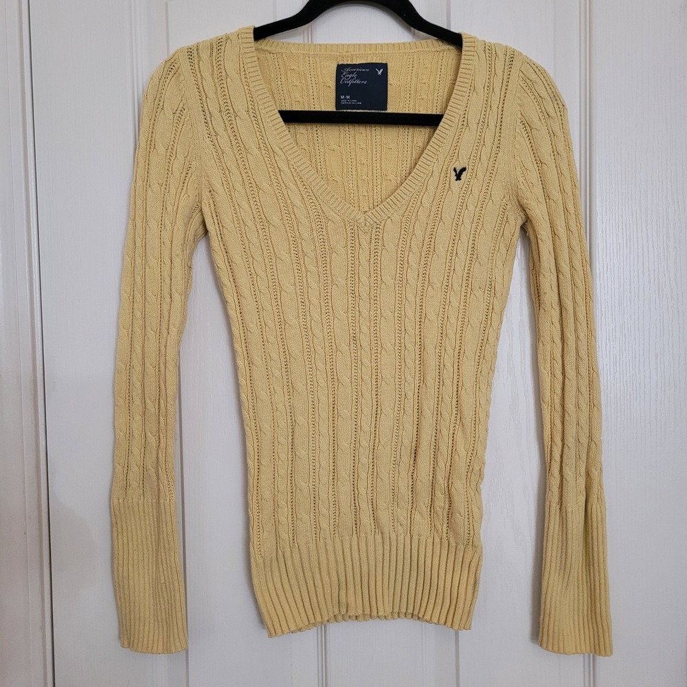 American Eagle Outfitters Yellow Cable Knit V-Neck Sweater Womens Medium Y2K